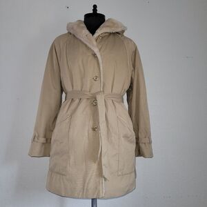 Bonders Coat Vintage Beige Yvory Faux Fur Lined Hooded  Trench Women’s  Size S/M
